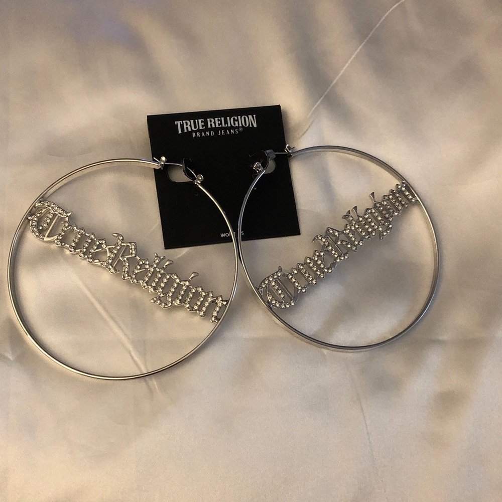 True Religion Silver Tone Oversized Hoop Earrings Rhinestone Logo Script NWT